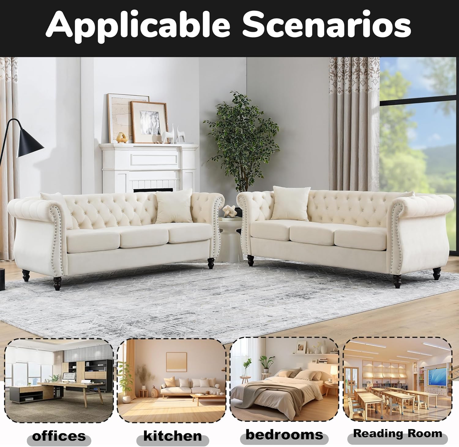 2 Piece Modern Beige Velvet 80' 3-Seater Sofa Sets, Upholstered Tufted Backrests with 8' Rolled Nailhead Arms, Combination Couch with 4 Pillows for Living Room