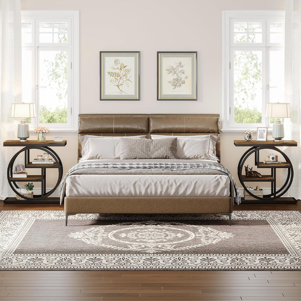 Tribesigns End Table Set of 2, 4-Tier Narrow Side Table with Storage Shelves, Wood Small Sofa Side Table with Geometric Metal Frame, Industrial Bedside Table for Bedroom, Living Room, Rustic Brown