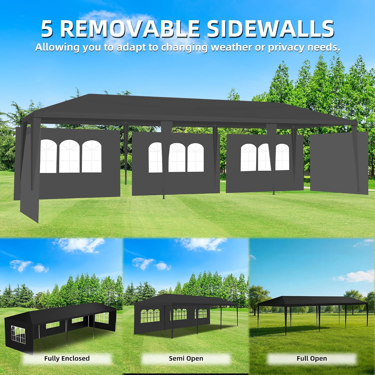 10x30 Party Tent Heavy Duty Outdoor Canopy Tents for Parties with 5 Removable Sidewalls Outside Large Gazebo Shelter Carpas para Fiestas for Backyard Patio Events Wedding BBQ, Black
