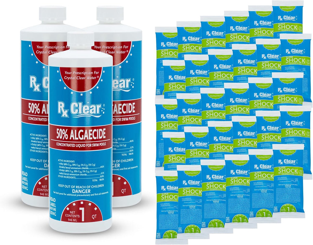 Rx Clear Algae Prevention Maintenance Kit | 3-Month Supply | Three 18 fl. Ounce Bottles of 50% Algaecide | 30 One Pound Bags of Super Shock - 68% Calcium Hypochlorite | for Pools Up to 25,000 Gallons