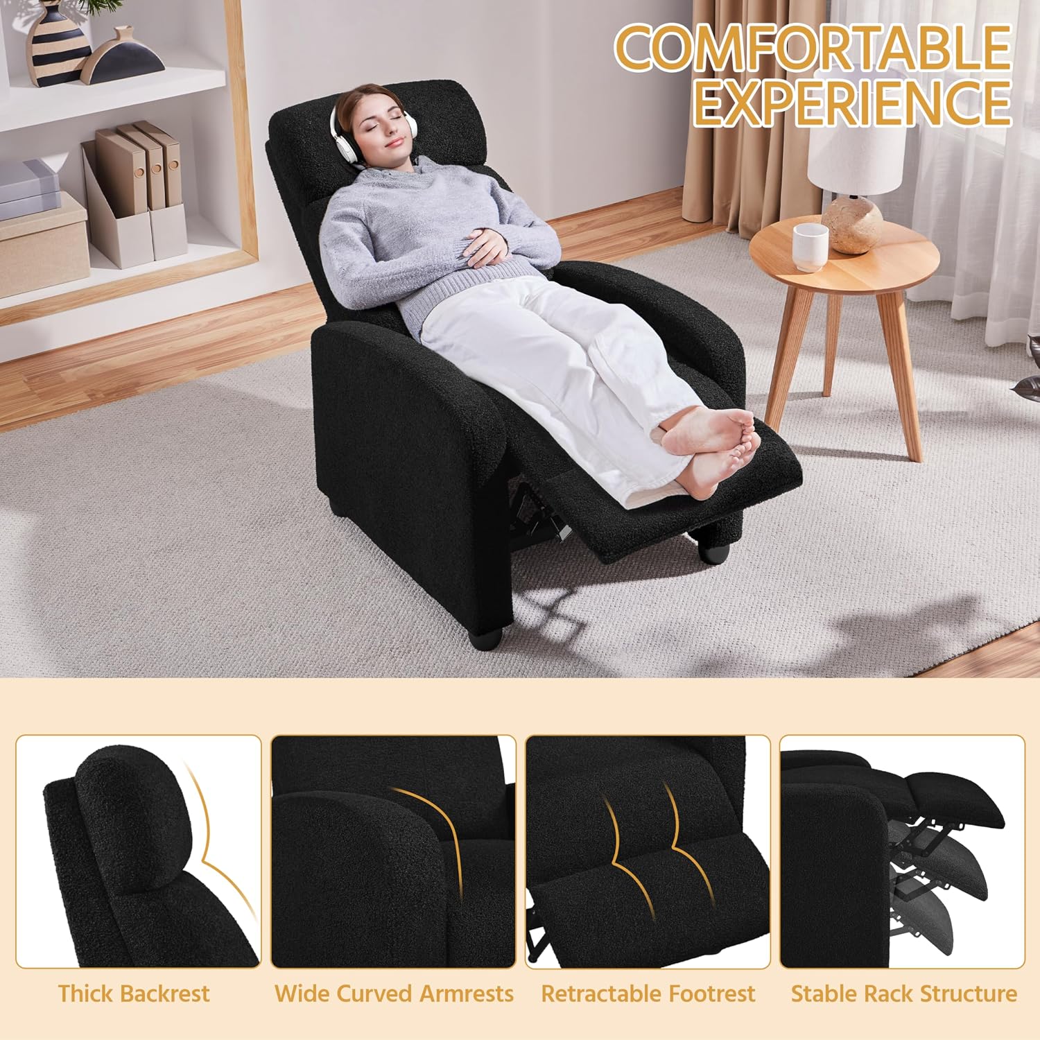 Yaheetech 2-Seat Boucle Pushback Recliner Chair Living Room Chair with Thick Seat Cushion and Backrest Reclining Chair for Living Room Black