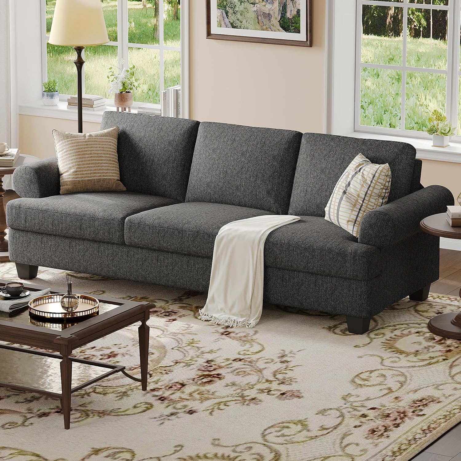 COPIAE 91 Inch Lawson Sofa with Extra Deep Seats Oversize, Mid-Century 3-Seat Sofa Couch, for Living Room, Apartment, Lounge, Dark Gray