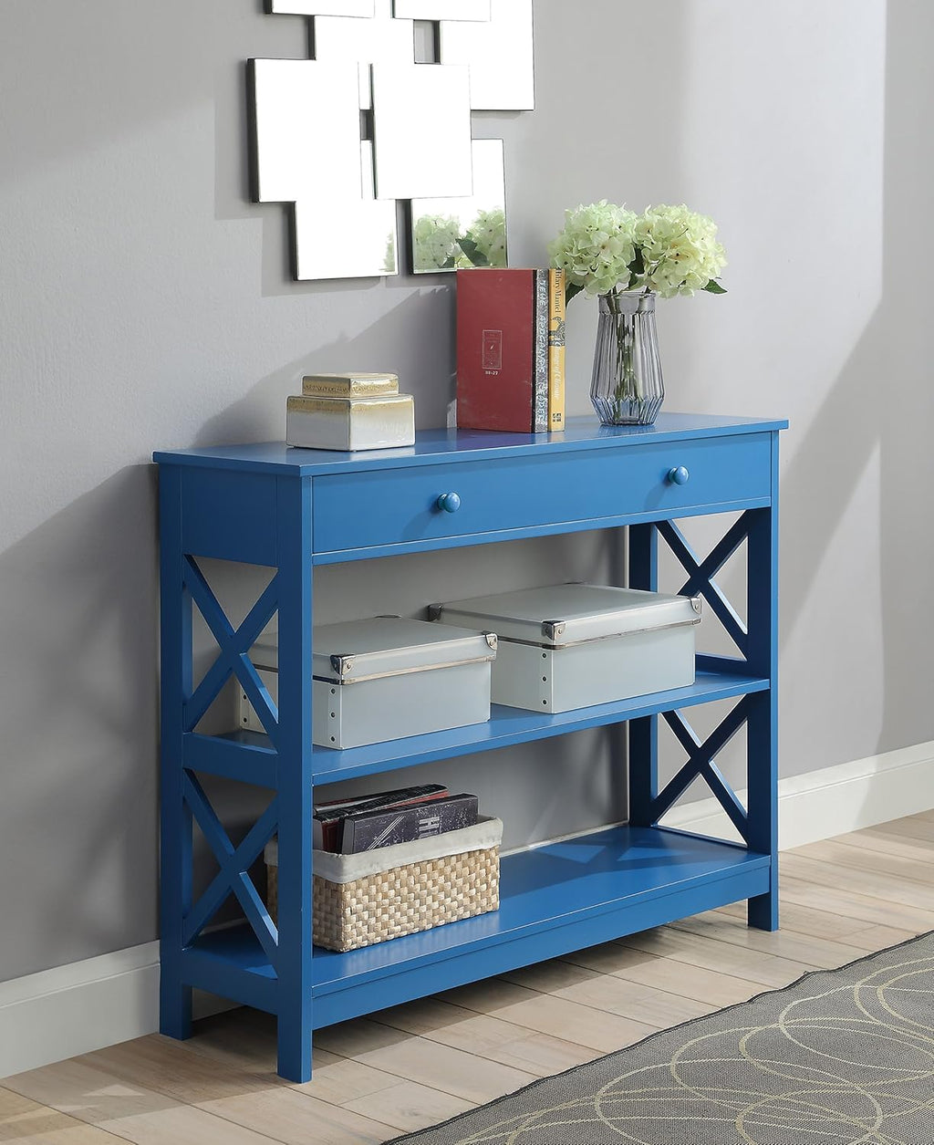 Convenience Concepts Oxford 1 Drawer Console Table with Shelves, Teal Blue
