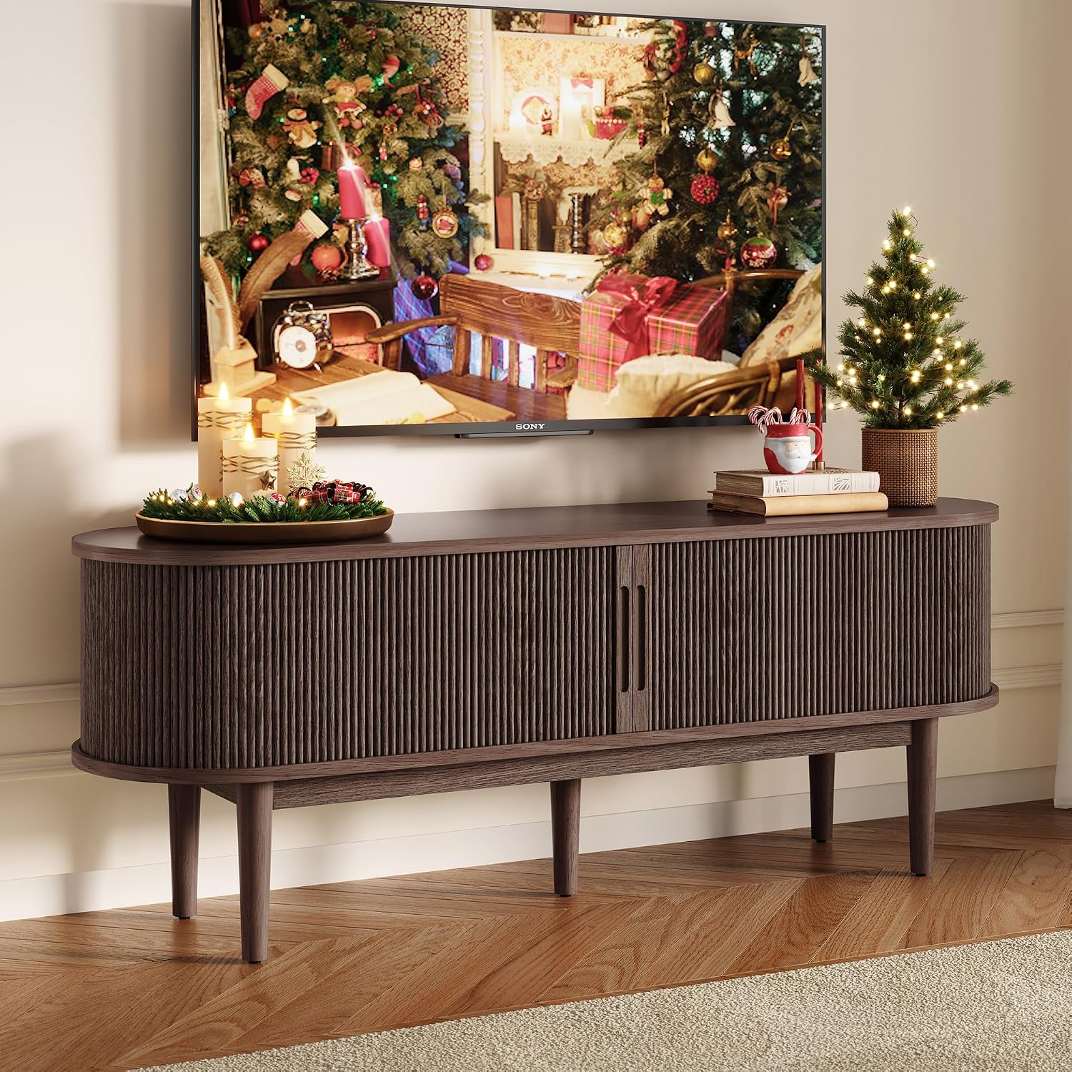 LINSY Home TV Stand for 65' TV, Mid-Century Modern 58' Entertainment Center with Sliding Tambour Door and Storage Cabinet, Cruved TV Media Console Table for Living Room, Bedroom, Walnut