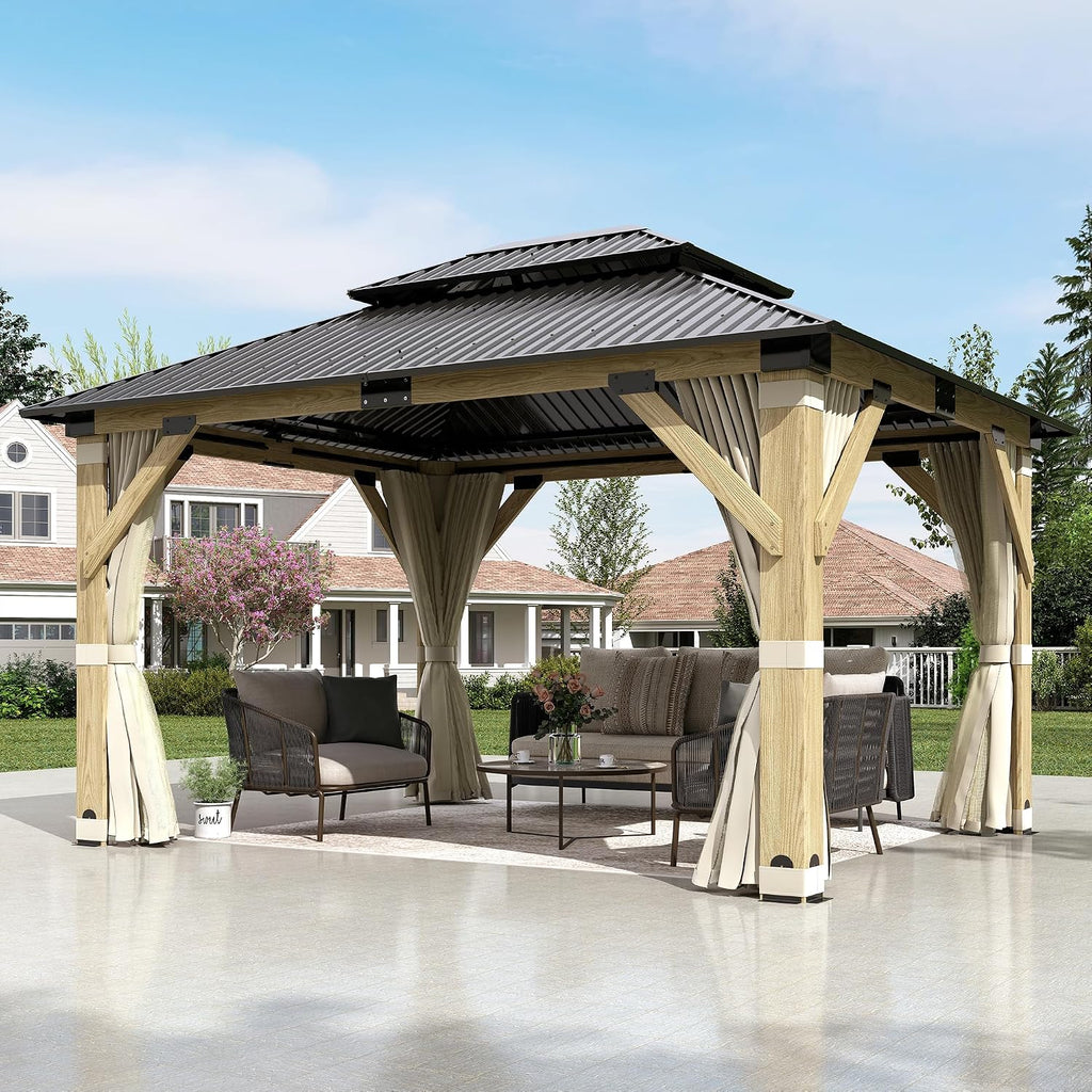 11'x13' Wood Gazebo,Outdoor Hardtop Gazebo with Galvanized Steel Doule Roof, Wooden Frame Gazebo with Netting and Curtains for Patio Backyard Deck