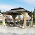 11'x13' Wood Gazebo,Outdoor Hardtop Gazebo with Galvanized Steel Doule Roof, Wooden Frame Gazebo with Netting and Curtains for Patio Backyard Deck