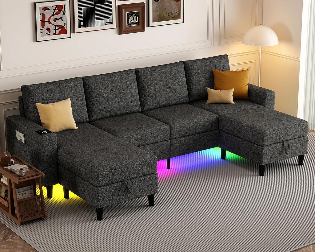 Sectional Couches for Living Room, 4 Seat Sectional Sofa with Smart Module-Wireless Charging/USB/Type-C/RGB Light, U Shaped Couch with Reversible Chaise Lounge/Storage Ottoman (Dark Grey)