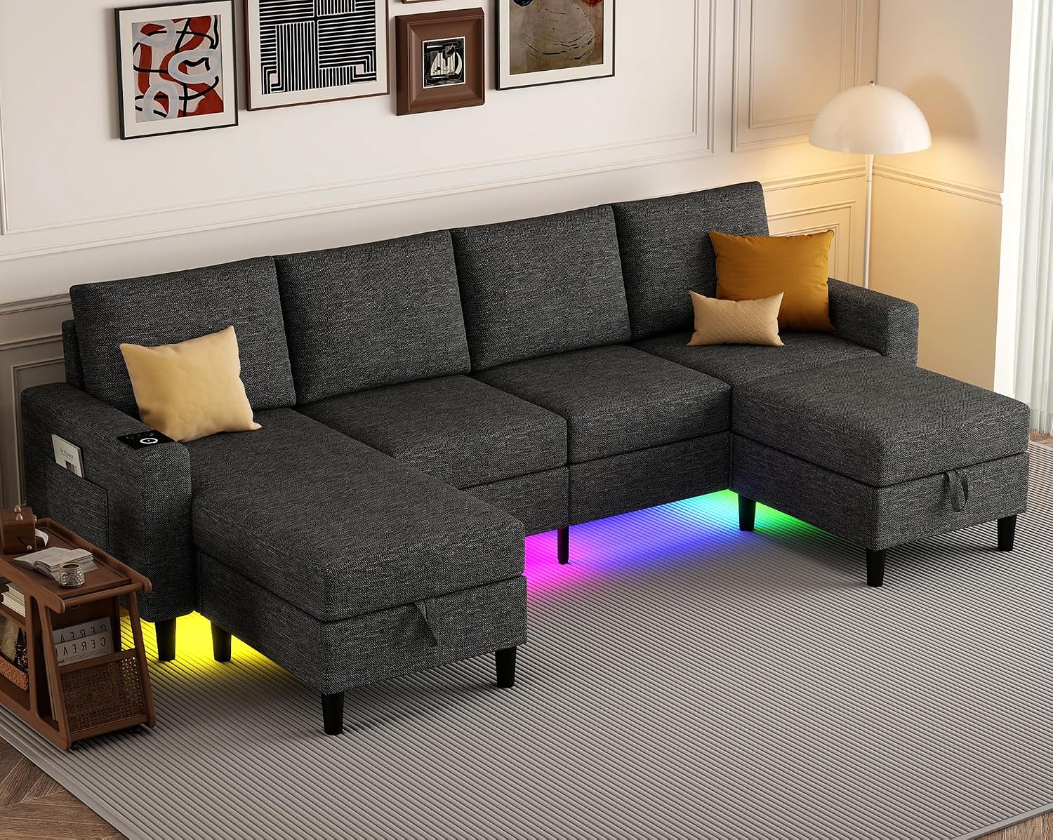 Sectional Couches for Living Room, 4 Seat Sectional Sofa with Smart Module-Wireless Charging/USB/Type-C/RGB Light, U Shaped Couch with Reversible Chaise Lounge/Storage Ottoman (Dark Grey)