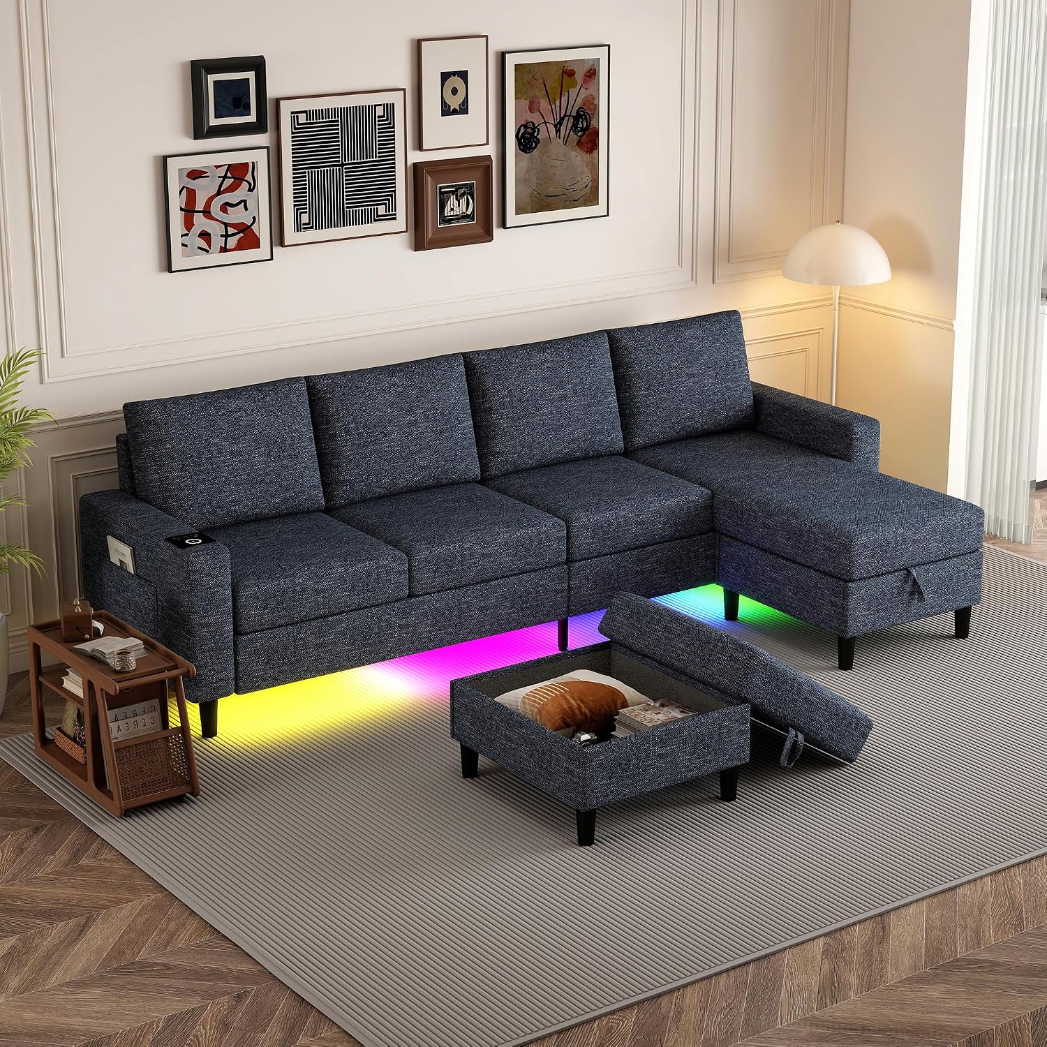 Sectional Couches for Living Room, 4 Seat Sectional Sofa with Smart Module-Wireless Charging/USB/Type-C/RGB Light, U Shaped Couch with Reversible Chaise Lounge/Storage Ottoman (Blue)