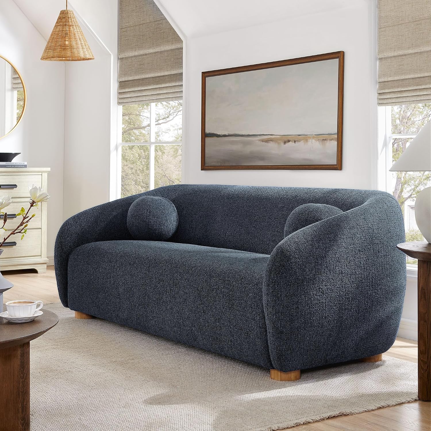 Modway Holland 85 Inch Minimalist Curved Back Sofa in Navy – Chenille Fabric Sofa with Ball Throw Pillows and Wood Feet – Modern 3-Seater Couch for Living Room