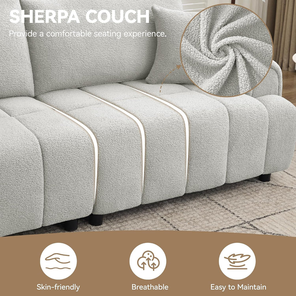 88 'Modern Boucle Sofa Couch, Oversized Comfy 3 Seater Sherpa Curved Sofas Deep Seat, Upholstered Loveseat Teddy Round Arm Couches for Living Room, Bedroom, Light Grey