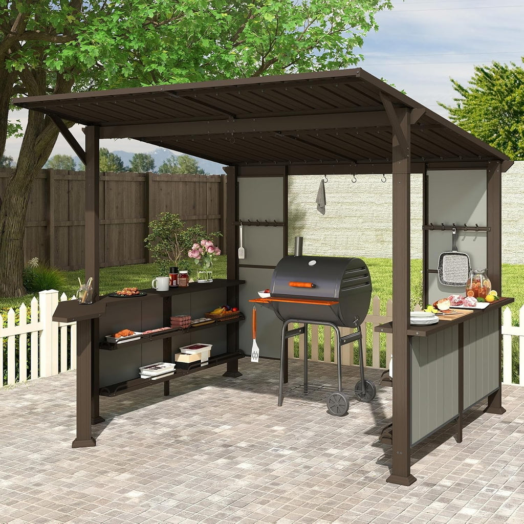 Domi 9x10FT Grill Gazebo Hardtop, BBQ Gazebo for Outdoor Grill with Storage Shelves and Expansion Platform, Metal Permanent Lean-to Canopy for Patio Backyard Lawn, Brown