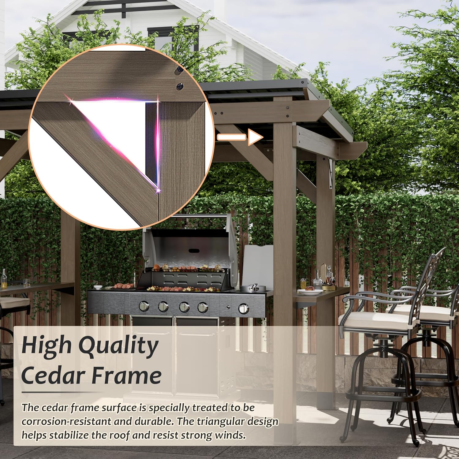 8x6 FT Cedar Wood BBQ Grill Gazebo with Hardtop Steel Sloping Roof, Wooden Outdoor Gazebo Pergola with 2 Side Storage Shelves for Barbecue, Garden, Deck, Backyard