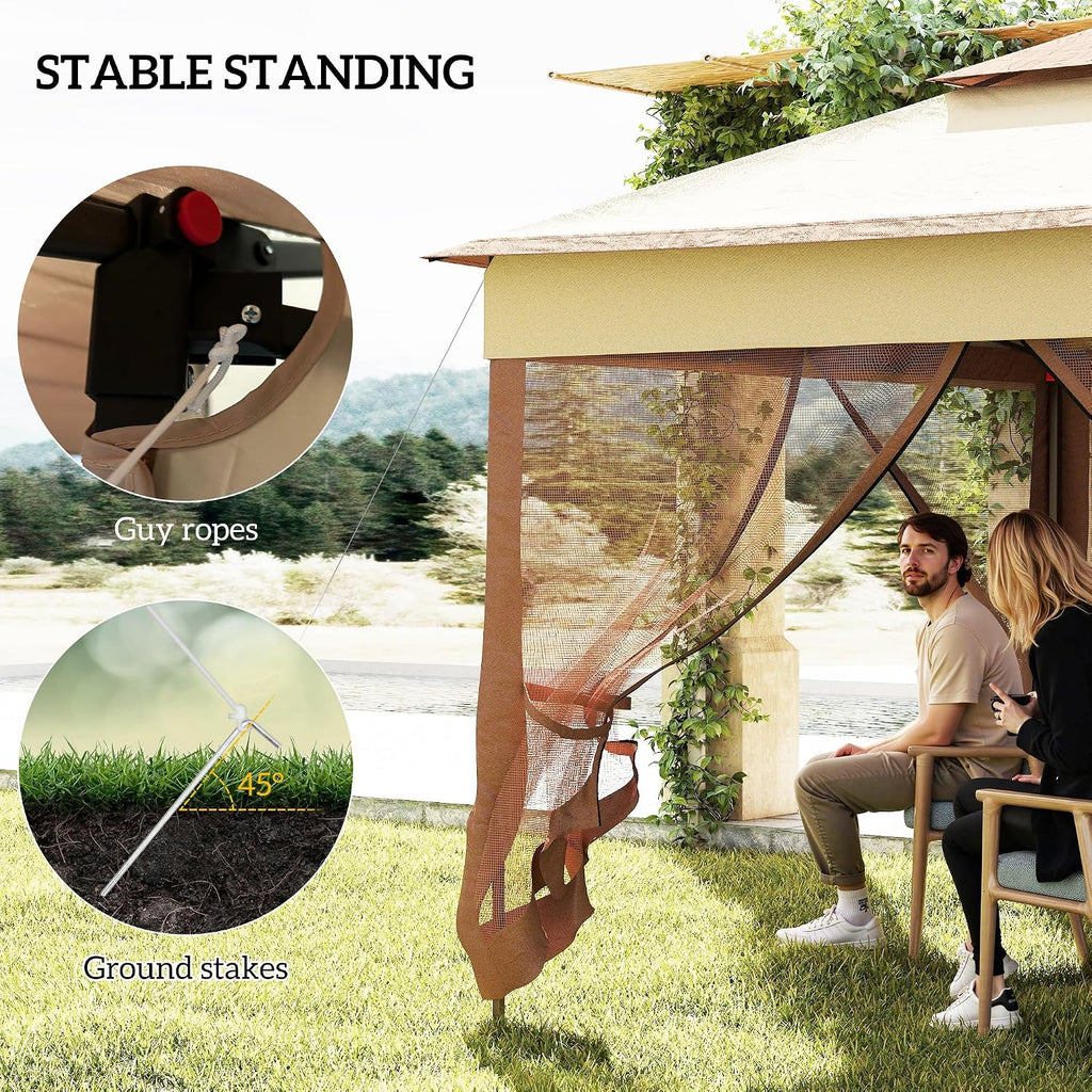 Outsunny 11' x 11' Pop Up Canopy, Outdoor Patio Gazebo Shelter with Removable Zipper Netting, Instant Event Tent w/ 114 Square Feet of Shade and Carry Bag for Backyard, Garden, Khaki