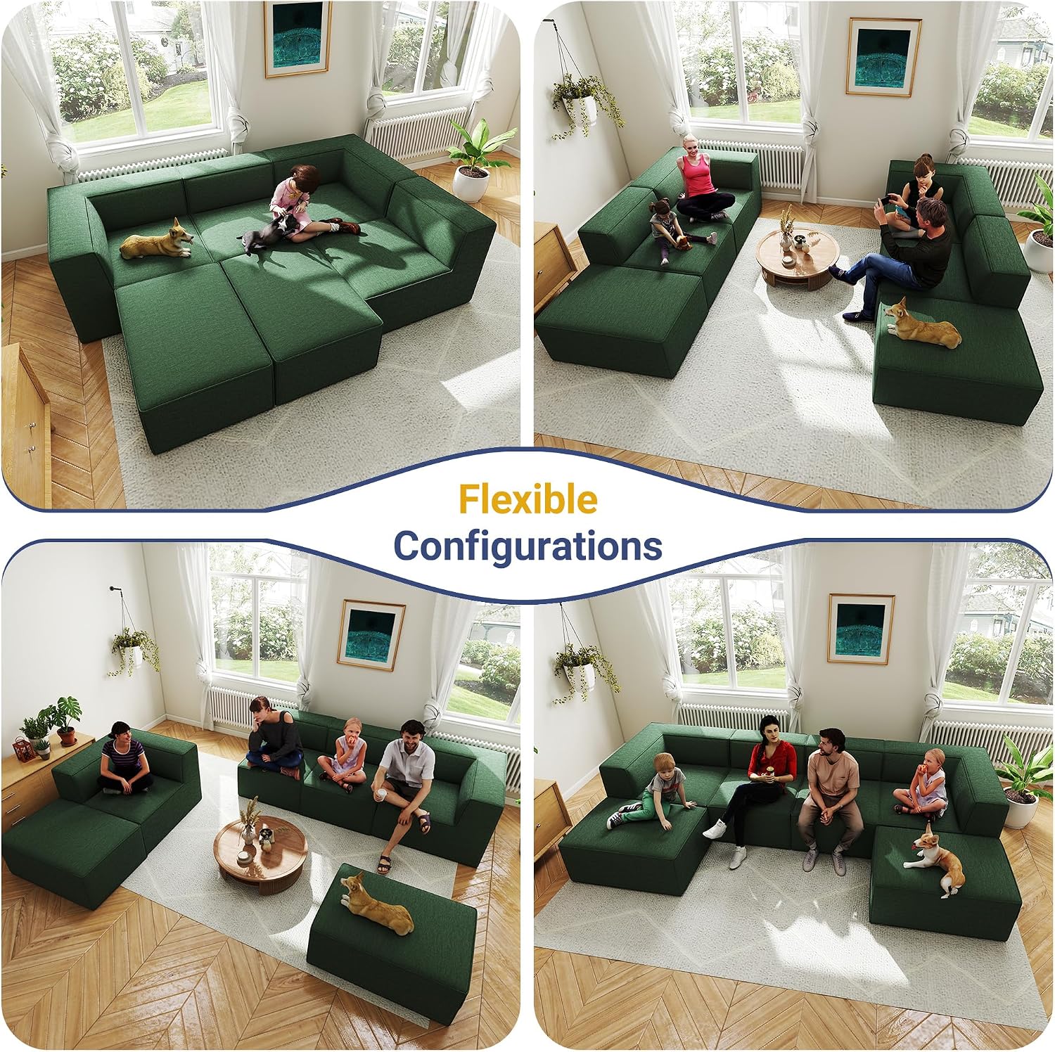 136' 6-Piece Sectional Sofa Modular Couches,L-U-Shaped with Chaise,for Living Room,Compressed Foam No Assembly,for Living Room (2xArmless Corner Ottoman) Fabric Chenille Green
