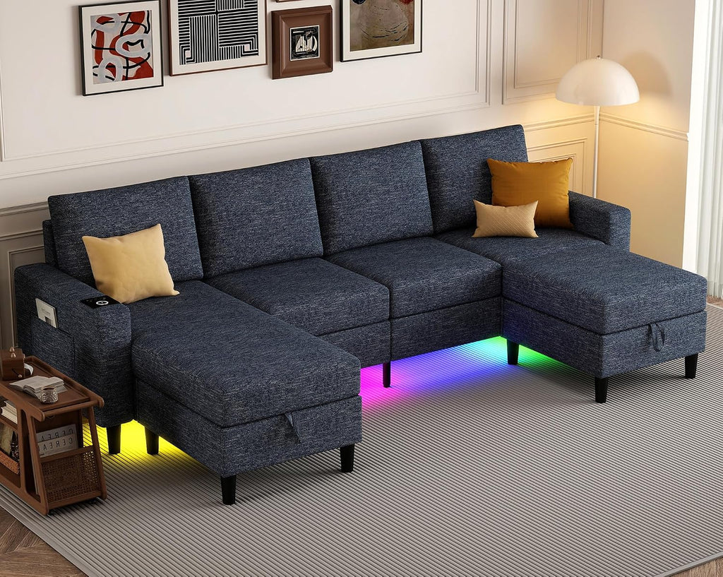 Sectional Couches for Living Room, 4 Seat Sectional Sofa with Smart Module-Wireless Charging/USB/Type-C/RGB Light, U Shaped Couch with Reversible Chaise Lounge/Storage Ottoman (Blue)