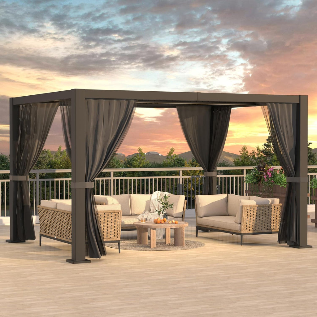 10' ×13' Aluminum Louvered Pergola, Outdoor Pergola with Curtains & Netting, Outdoor Hardtop Gazebo with Adjustable Roof, All-Weather Metal Pergola for Patio, Garden, Deck (Black with Curtain)