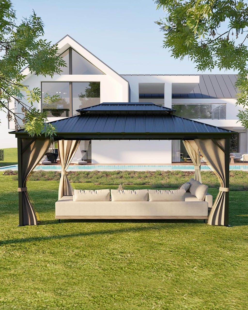 12'x16' Hardtop Gazebo for All Weather, with Double Metal Roof, Aluminum Alloy Frame, Net, and Curtain, Permanent Building for Patio, Deck, Backyard, Lawn, and Garden, Khaki