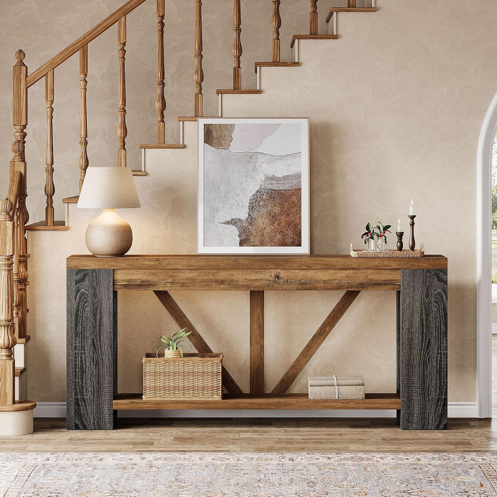 Tribesigns 70.9' Narrow Long Console Table, 2-Tier Farmhouse Entryway Table with Storage Shelf, Rustic Sofa Table Behind Couch for Hallway, Foyer, Living Room, Rustic Brown&Grey