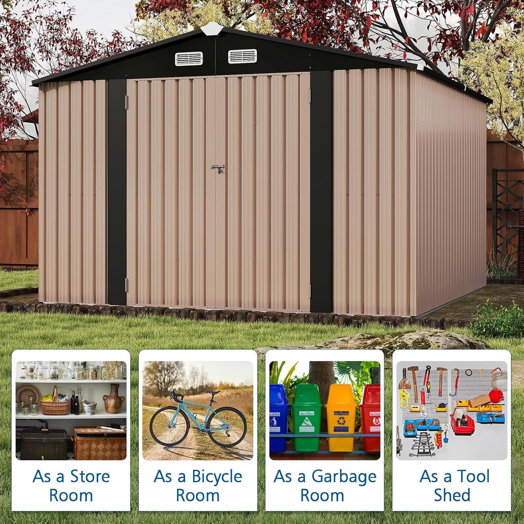 10x10 FT Outdoor Storage Shed with Lockable Door, Waterproof Metal Tool Shed for Bikes, Tools & Lawn Equipment – Gray