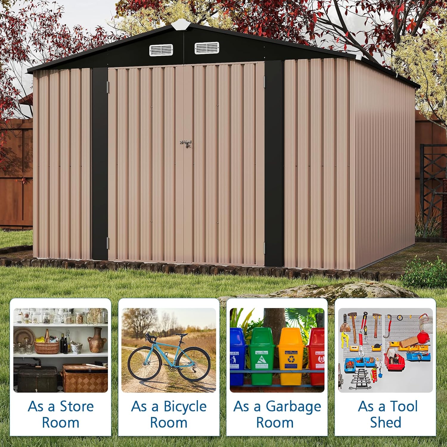 10x10 FT Outdoor Storage Shed with Lockable Door, Waterproof Metal Tool Shed for Bikes, Tools & Lawn Equipment – Gray