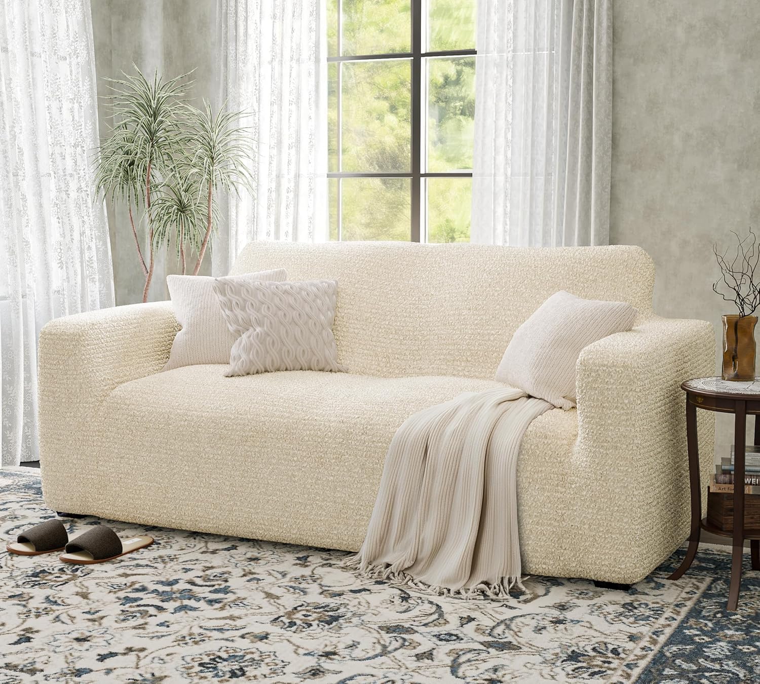 PAULATO BY GA.I.CO. Loveseat Slipcover - Stretch Couch Cover - Cushion Love Seat Sofa Cover - Soft Polyester Fabric Slipcover - 1-Piece Form Fit Washable Protector - Mille Righe Collection - Cream