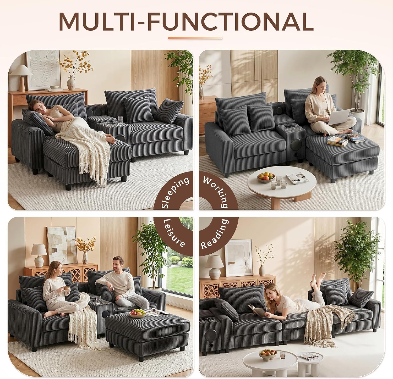MAKIAAP 83' Corduroy Sectional Modular Couch with Speakers, Comfy Deep Seat Loveseat Sofa with Movable Ottoman, Console, USB Charger, Cup Holders, Storage for Living Room (Gray, 83in)