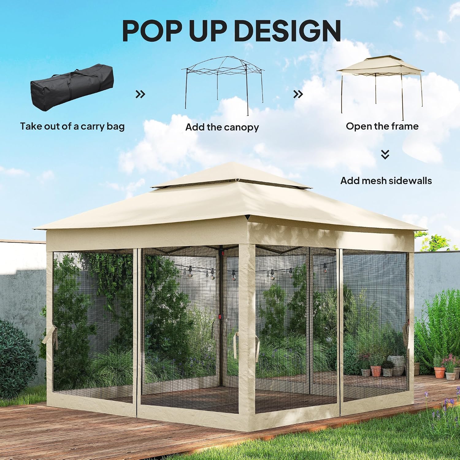 Outsunny 11' x 11' Pop Up Canopy, Outdoor Patio Gazebo Shelter with Removable Zipper Netting, Instant Event Tent w/ 114 Square Feet of Shade and Carry Bag for Backyard, Garden, Beige