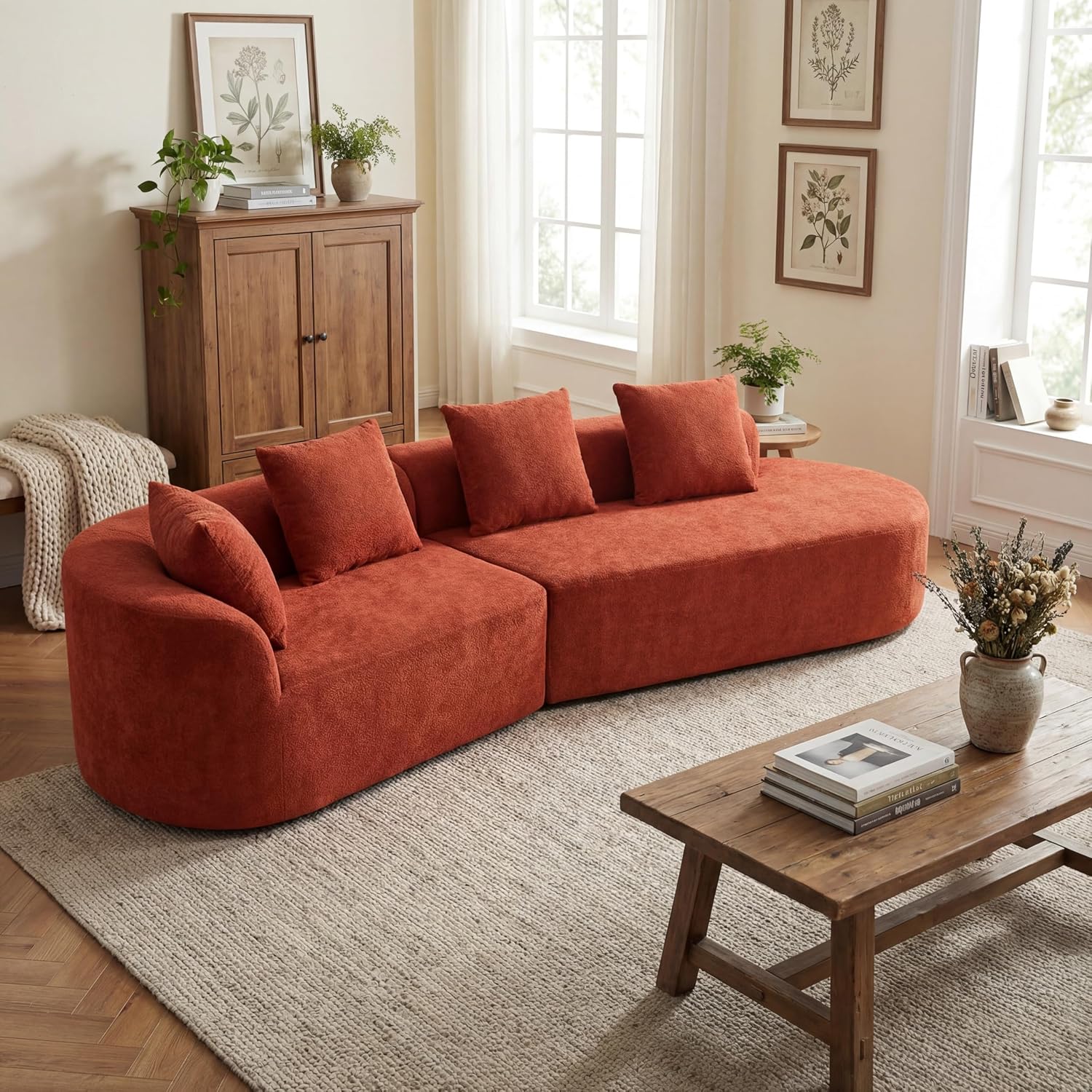 Merax 2-Piece 116' L-Shaped Modular Sectional Sofa Set, 4 Seat Fully Assembled Curved Upholstery Couch with High-Density Compressed Sponge, Chaise Lounge & 4 Pillows for Living Room, Orange