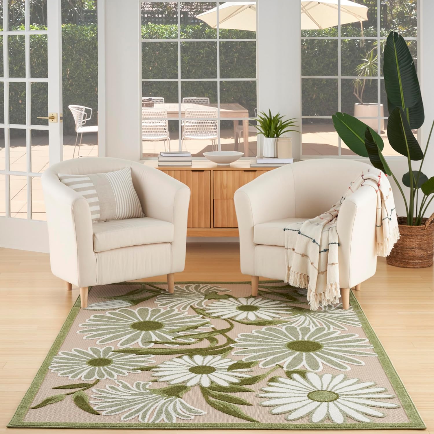 Nourison Home Aloha Ivory Green 6' x 9' Area Rug - Easy Clean, Non Shedding, Bed Room, Living Room, Dining Room, Kitchen (6' x 9')