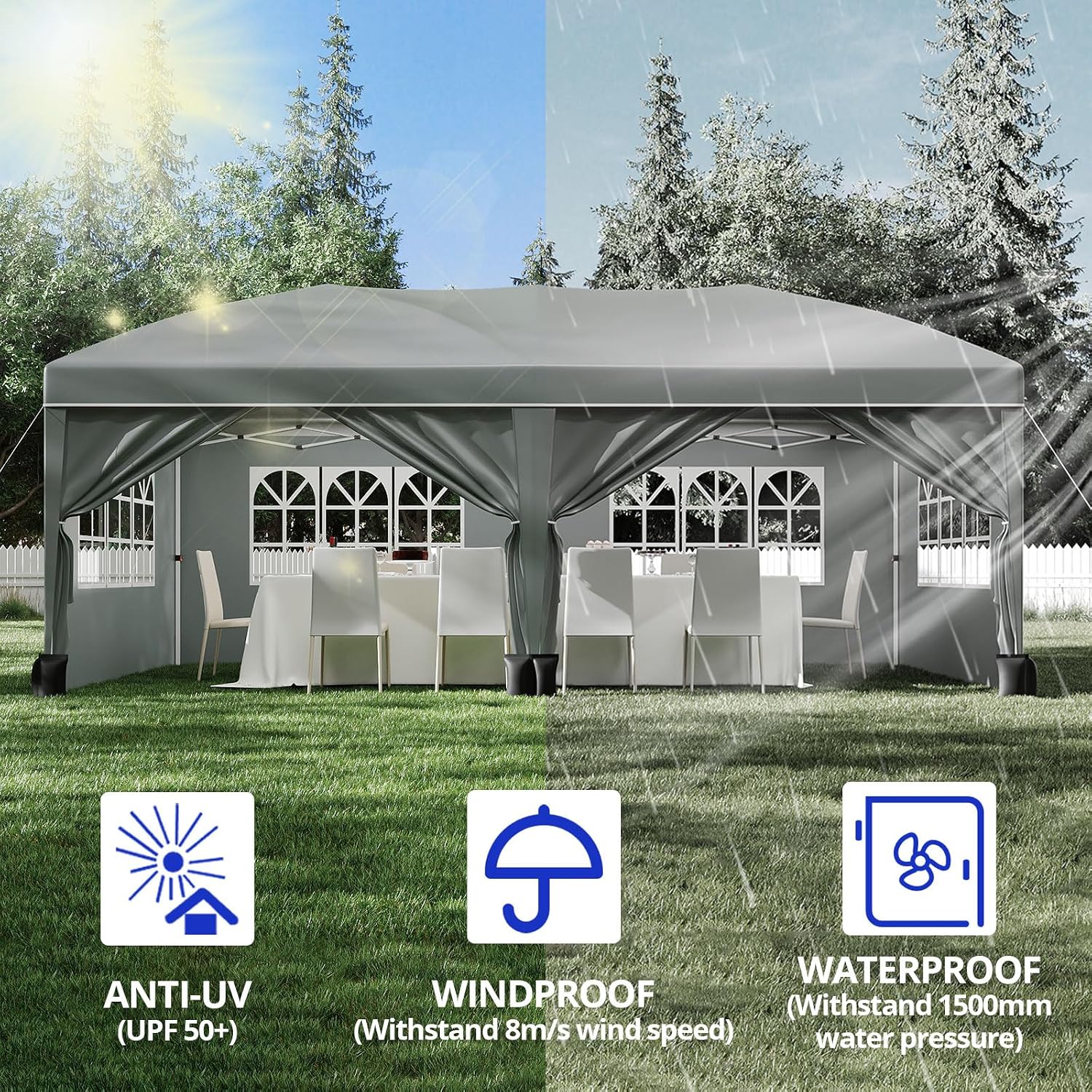 10X20Ft Pop Up Wedding Party Tent with 6 Sidewalls - Heavy Duty Commercial Outdoor Canopy, Waterproof Gazebo Canopy Tent, Canopy All Season with Storage Bag, Gray