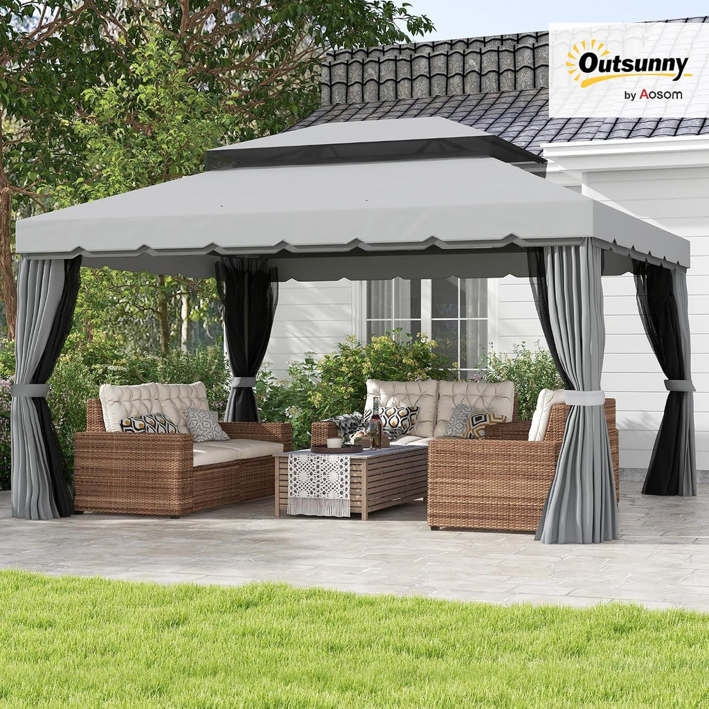 Outsunny 10' x 13' Patio Gazebo, Outdoor Gazebo Canopy Shelter with Netting and Curtains, Aluminum Frame for Garden, Lawn, Backyard and Deck, Gray