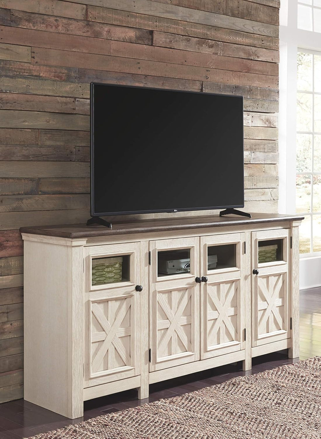 Signature Design by Ashley Bolanburg Extra Large TV Stand, Fits TVs up to 72', 3 Cabinets, Adjustable Storage Shelves, 74.13', Whitewash & 2-Tone Finish