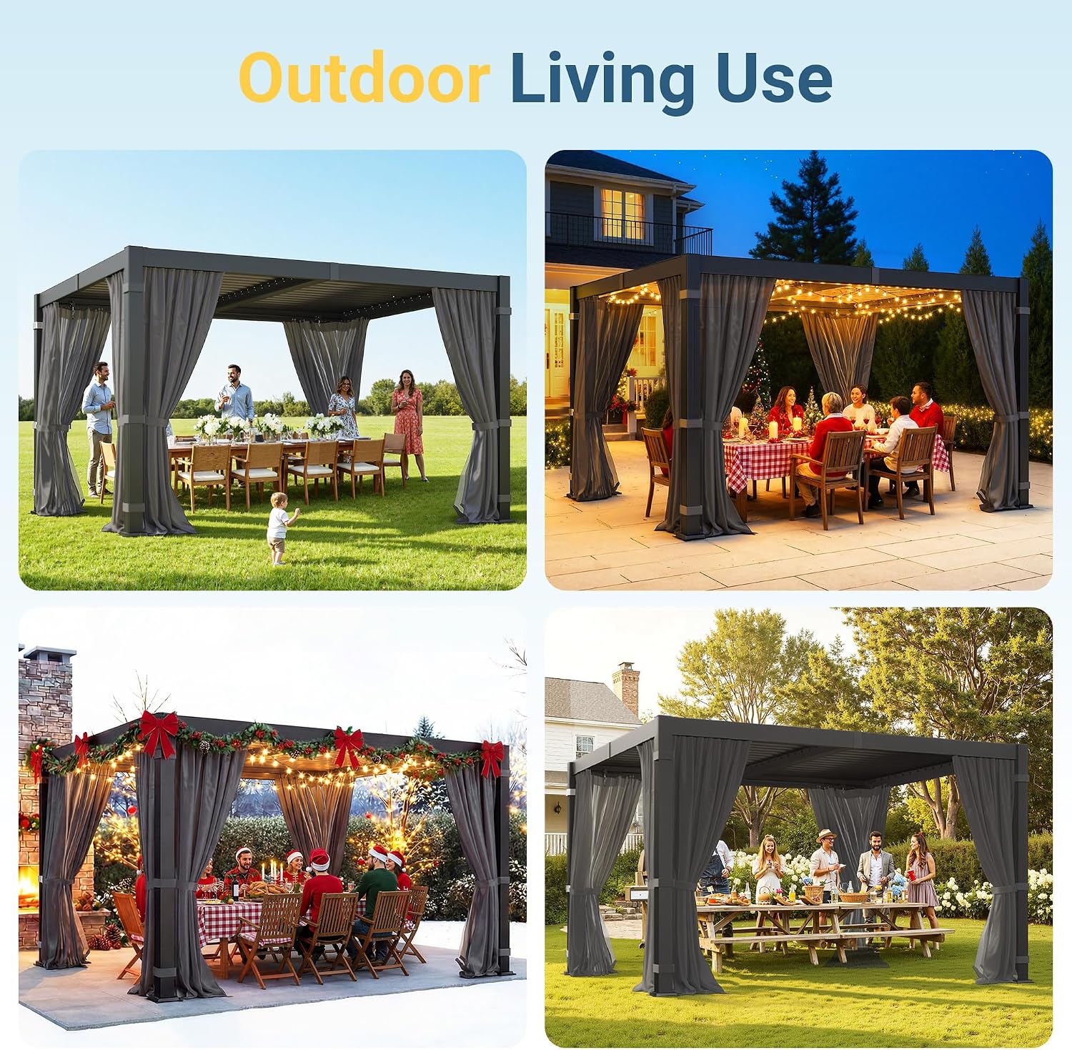 10' x 12' Louvered Pergola, Metal Outdoor Pergola with Adjustable Louvered Roof, Curtains & Netting, Patio Hardtop Gazebo with Gutter System for Deck, Garden, Yard, Dark Gray
