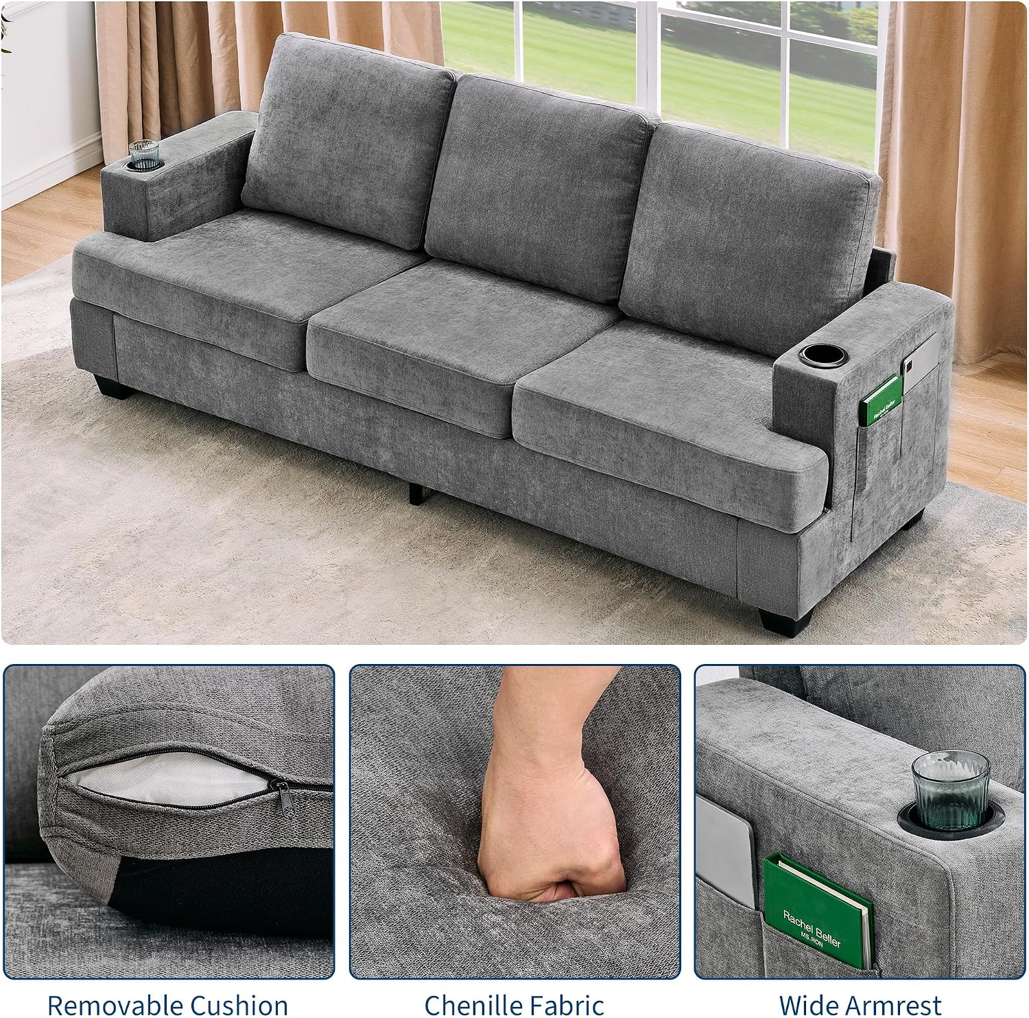 89' Chenille 3-Seater Sofa with Cup Holders and Side Storage Pockets, Modern Sofa for Living Room, Deep Seat Couches for Apartment Lounge, Grey