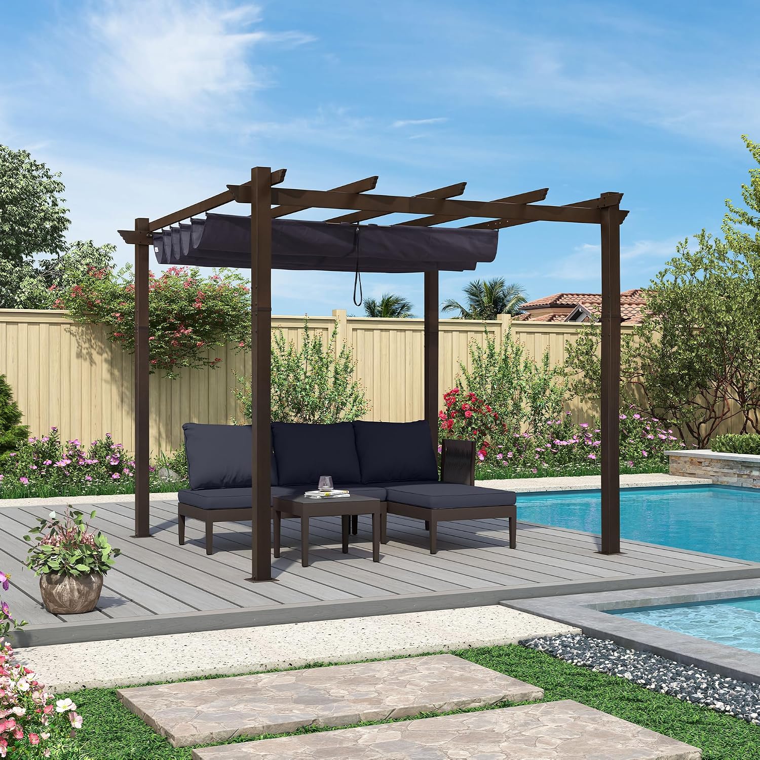 PURPLE LEAF 10' x 10' Retractable Pergola Outdoor Aluminum White Pergola with Sun Shade Canopy Patio Modern Bronze Shelter for Garden Yard Deck Grape, Navy Blue