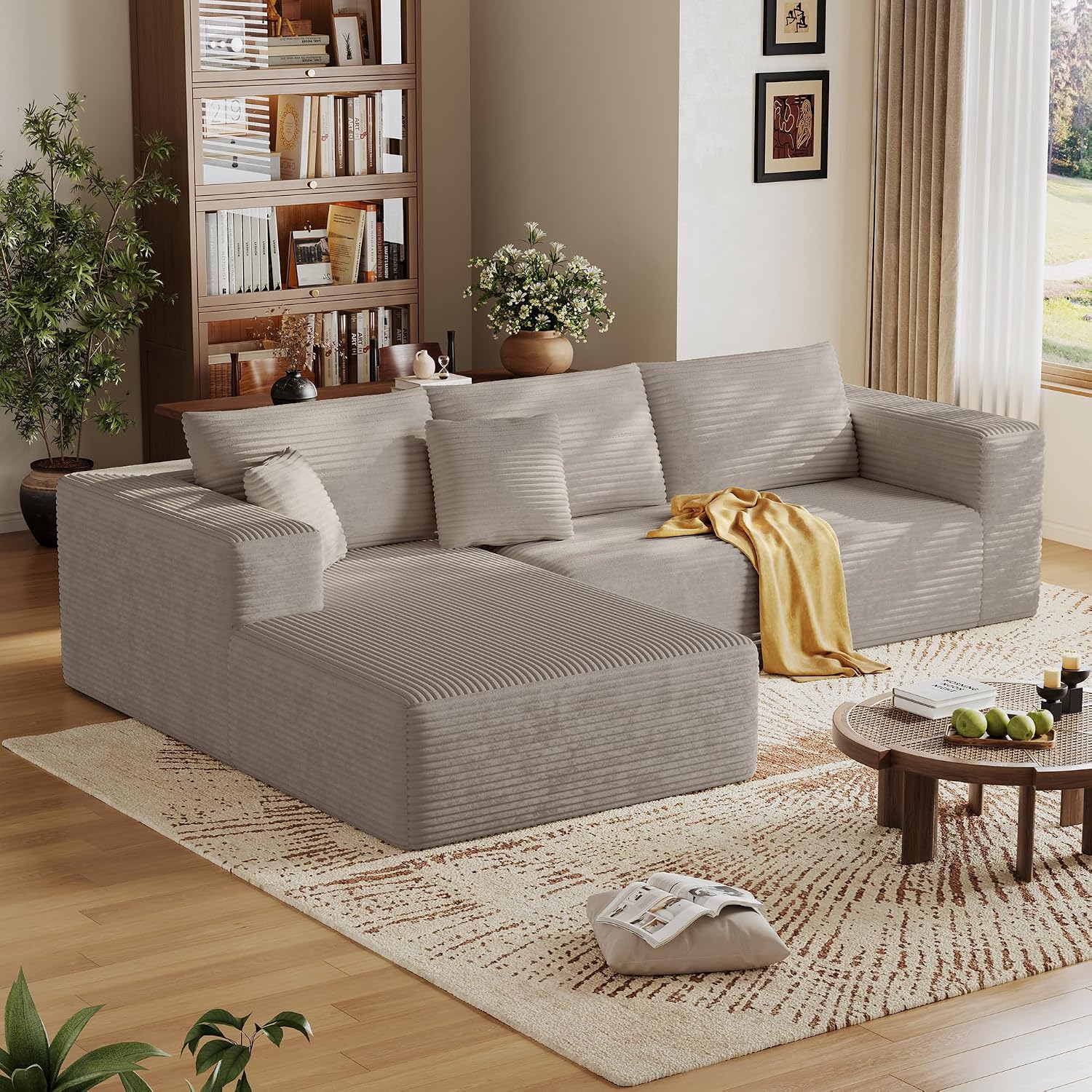 CHORRO108''Sectional Boneless Cloud Sofa,Modern Modular L-Shape Couch for Living Room,Corduroy Convertible Sponge Sleeper Sofas,Upholstered Lougne Chaise Couchs-with Soft Pillow(Camel,Left Chaise)