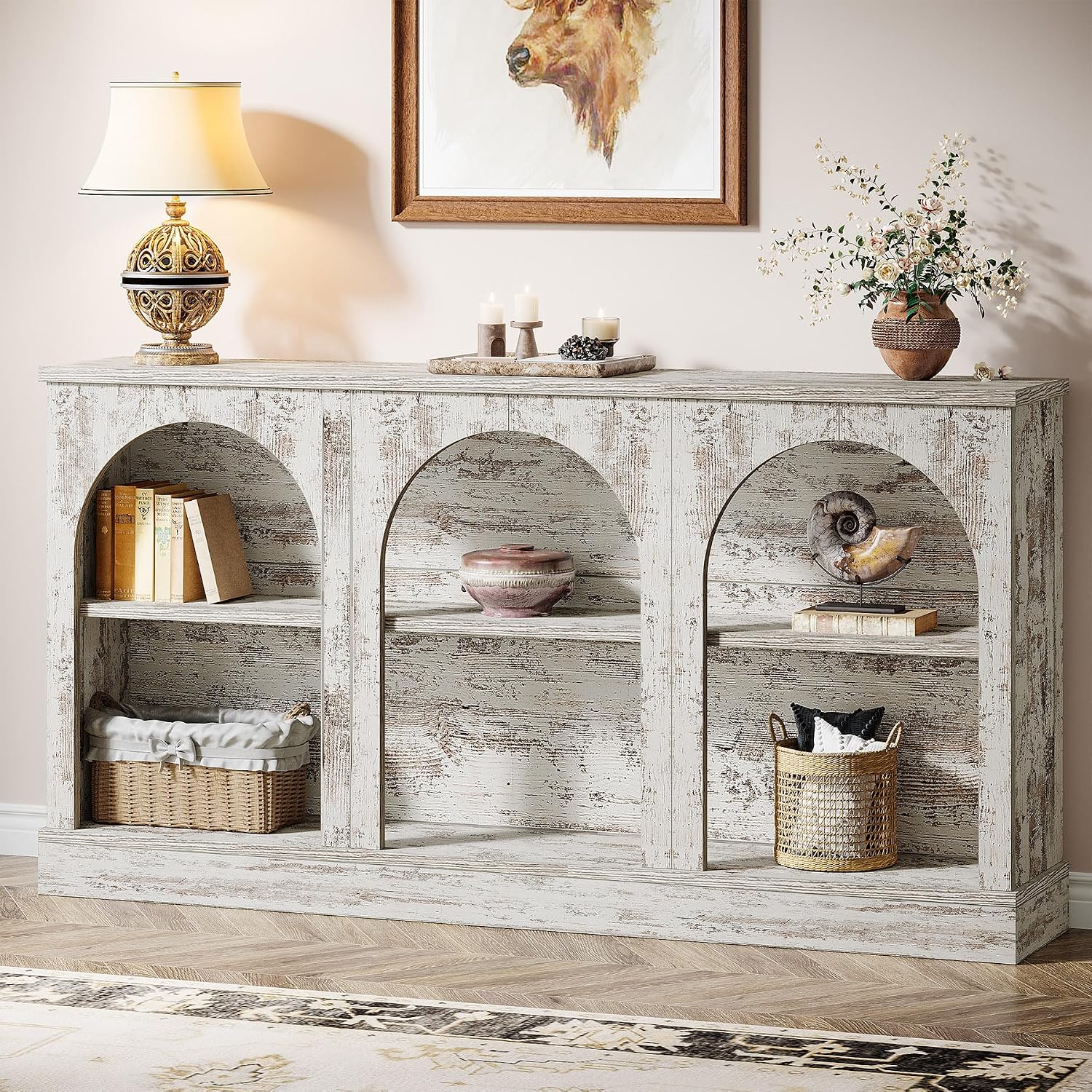 Tribesigns Farmhouse Console Table, 63-Inch Long Entryway Table with 3 Tier Storage, Wooden Rectangular Sofa Table Behind The Couch for Entrance, Hallway, Living Room, Distressed White