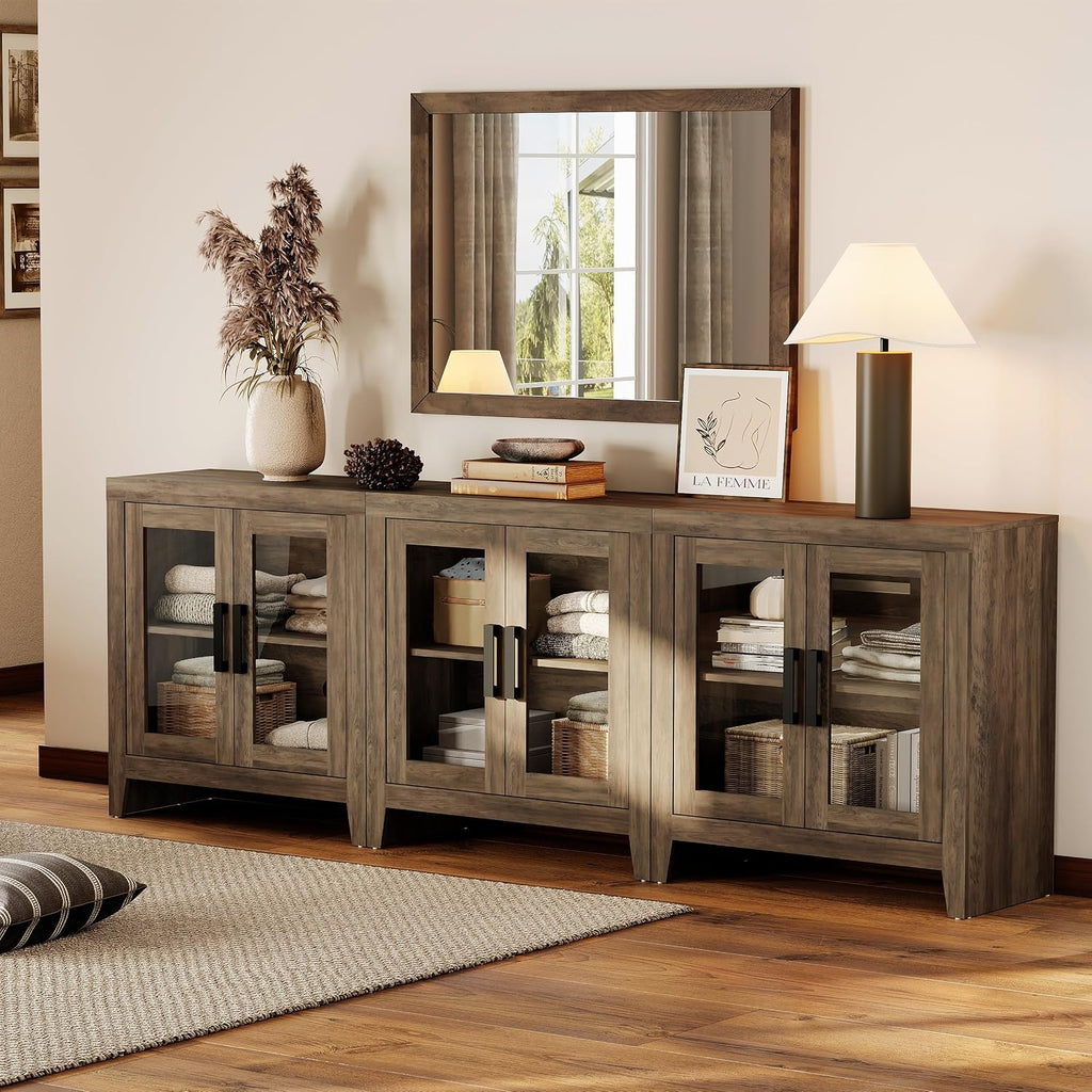 WAMPAT Farmhouse TV Stand for TVs up to 85', Rustic Wood Entertainment Center with Adjustable Shelf, Glass Doors & Storage, Media Console Cabinet for Living-Room, Bedroom, Brown