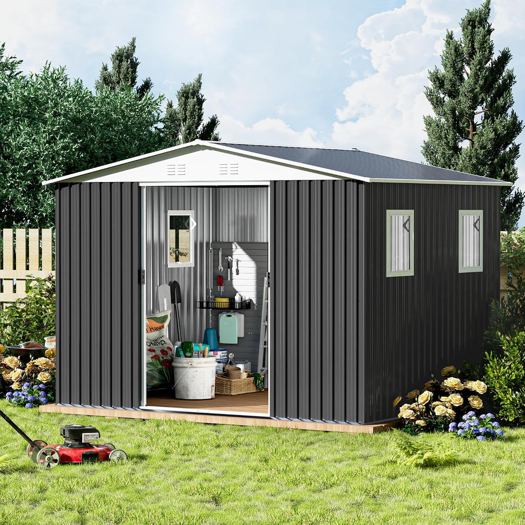10x8 FT Large Outdoor Storage Shed with 4 Windows, Galvanized Tool Shed, Metal Garden Shed with Apex Roof & Lockable Door, Waterproof Rust-Resistant for Patio Furniture Lawnmower Bike