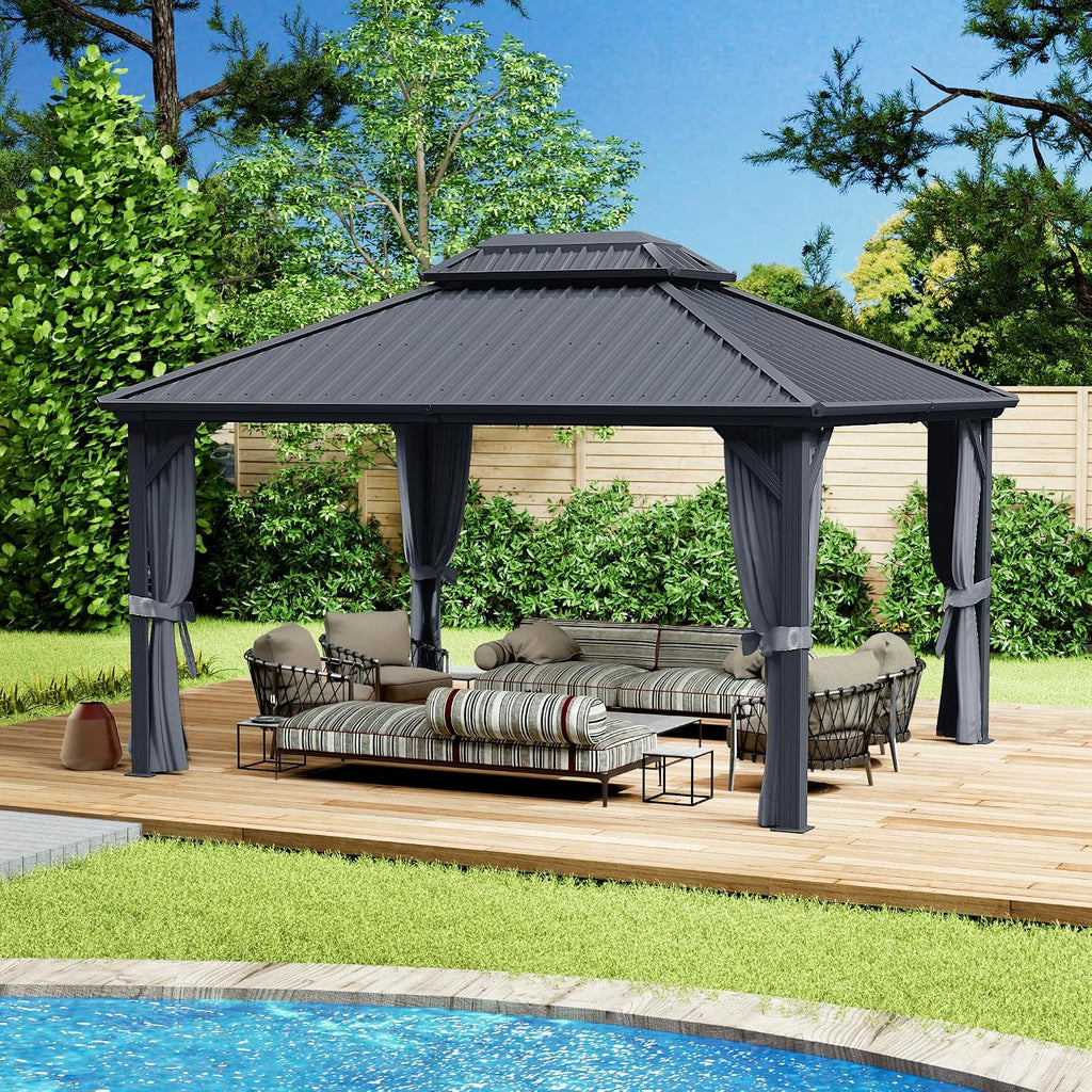 Kozyard Caesar 12'x16' Hardtop Gazebo - Permanent Metal Pavilion with Netting and Shaded Curtains for Patio, Backyard, and Deck - Galvanized Steel Outdoor Aluminum Canopy, Double Roof Gazebo (Grey)