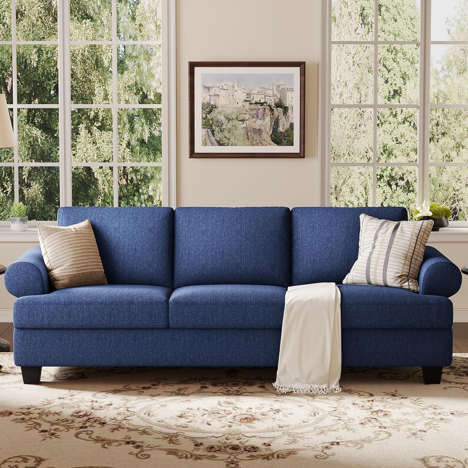 COPIAE 91 Inch Lawson Sofa with Extra Deep Seats Oversize, Mid-Century 3-Seat Sofa Couch, for Living Room, Apartment, Lounge, Dark Blue