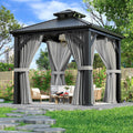 WKM 8x8 FT Hardtop Gazebo, Permanent Aluminum Gazebo with Galvanized Steel Double Roof, Outdoor Patio Pergola with Curtains and Breathable Netting for Garden, Lawn, Deck, Party