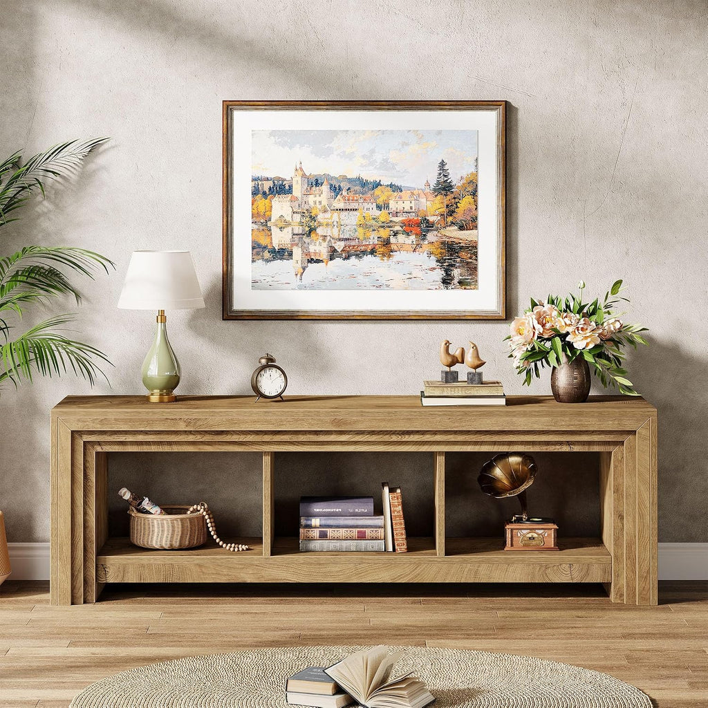 Tribesigns 63' TV Stand for TVs Up to 75 Inches, Farmhouse Entertainment Center with Open Storage, Media Console for Living Room, Oak