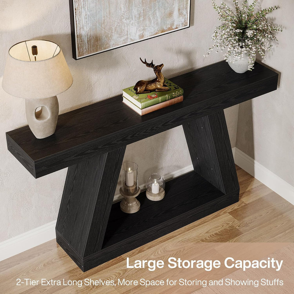 Tribesigns Farmhouse Console Table, 55-Inch Rustic Sofa Table with Storage, Industrial Wooden Entryway Table for Hallway, Living Room, Black