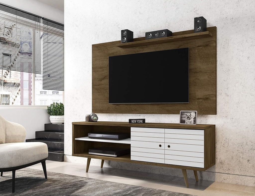 Manhattan Comfort Liberty Mid Century Modern TV Stand for Televisions up to 60 Inches, Bedroom and Living Room Entertainment Center with Storage, Shelves, and Cabinet, 63' Wide, Rustic Brown/White