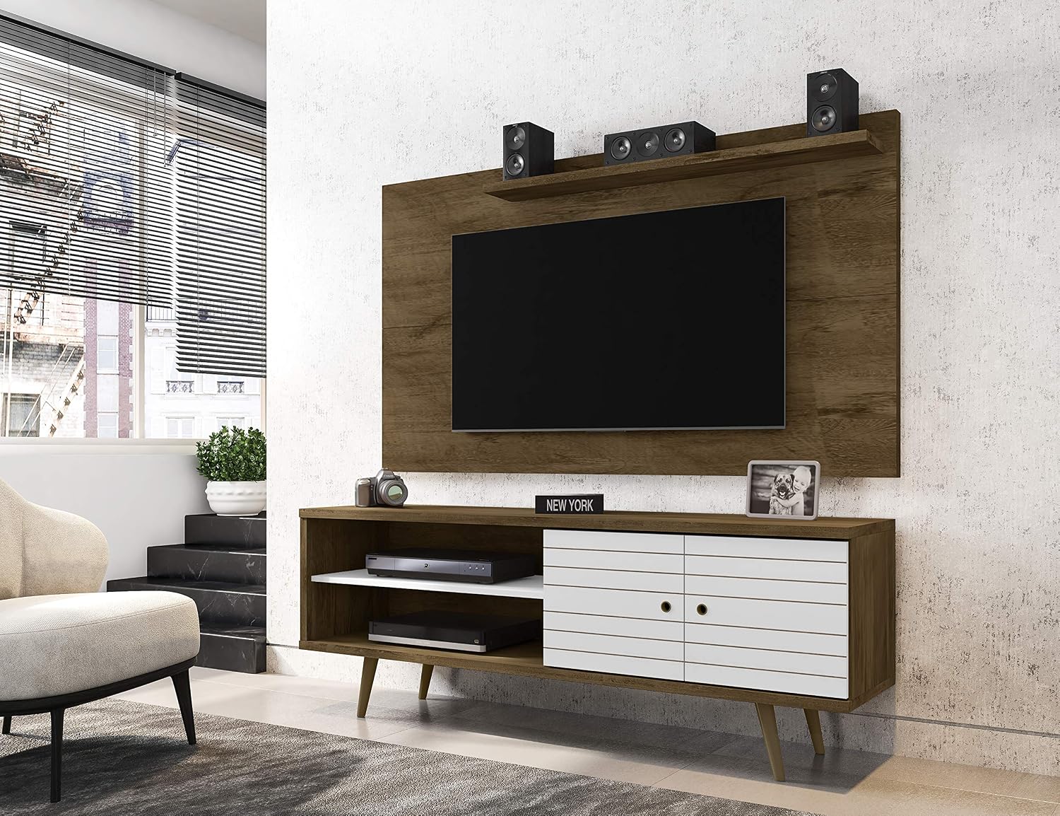 Manhattan Comfort Liberty Mid Century Modern TV Stand for Televisions up to 60 Inches, Bedroom and Living Room Entertainment Center with Storage, Shelves, and Cabinet, 63' Wide, Rustic Brown/White