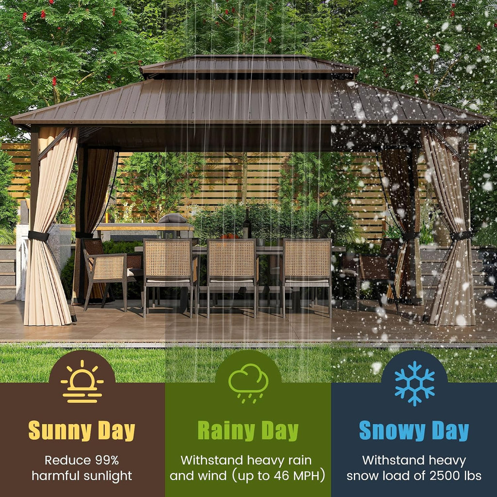 Tangkula 12x16 FT Hardtop Gazebo, Aluminum Frame Permanent Pavilion with Curtains, Netting, Heavy-Duty Double-Tier Galvanized Metal Roof, Outdoor Gazebo for Patios Garden Deck Lawn Backyard