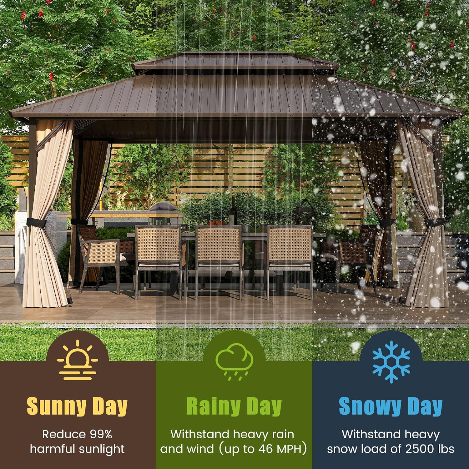 Tangkula 12x16 FT Hardtop Gazebo, Aluminum Frame Permanent Pavilion with Curtains, Netting, Heavy-Duty Double-Tier Galvanized Metal Roof, Outdoor Gazebo for Patios Garden Deck Lawn Backyard