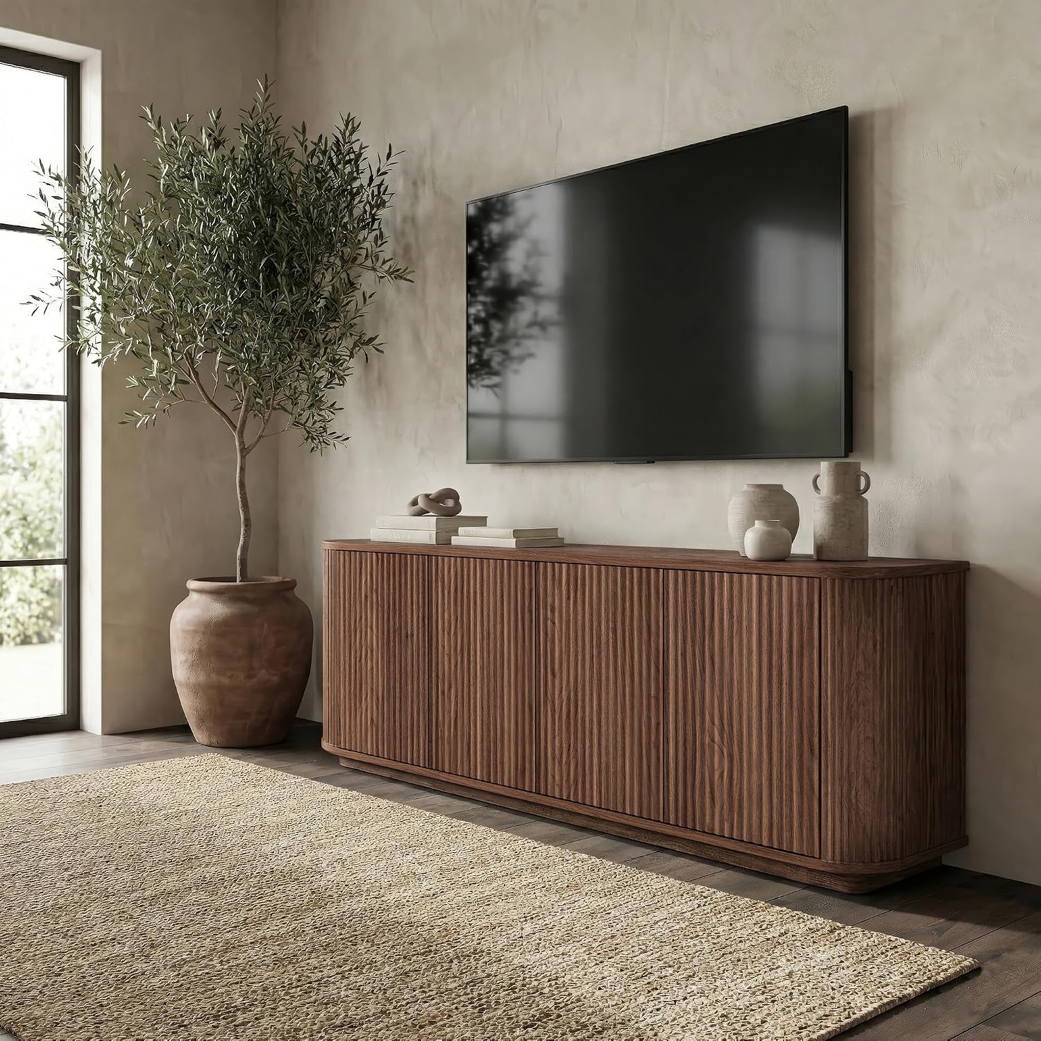 Henn&Hart TV Stand for TVs up to 75'' with 2 Ribbed Storage Cabinets with an Adjustable Shelf for Living Room, Family Room, or Office, Medium Walnut